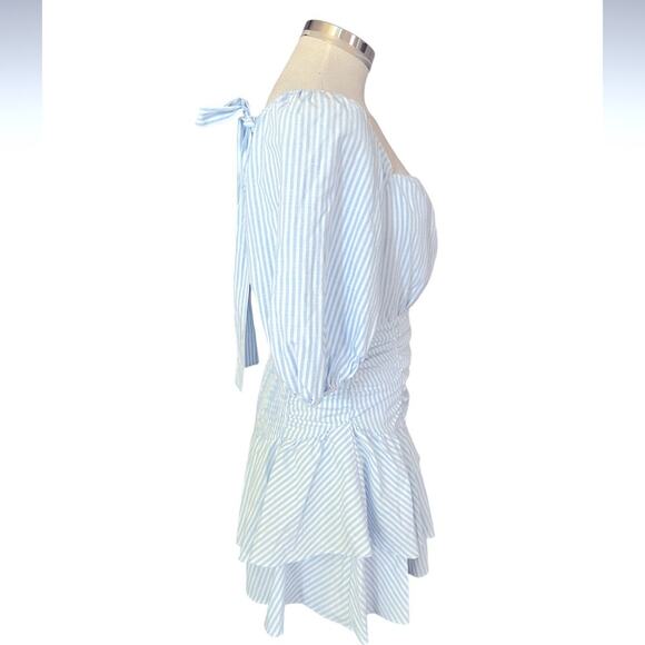 EHB Tiers To Me Light Blue Puff Sleeve Tiered Skater Mini Dress Size Small NWOT - Picture 3 of 7